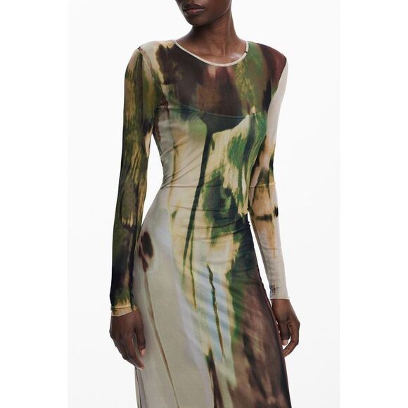 Desigual Abstract Print Long Sleeve Dress Women Green Dresses